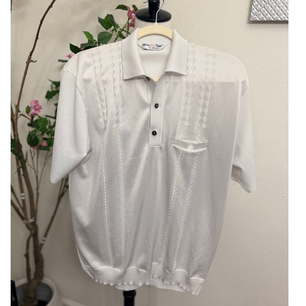VTG Good Time Knit Polo Shirt White Textured Retro Disco Pocket Men’s Size L/XL